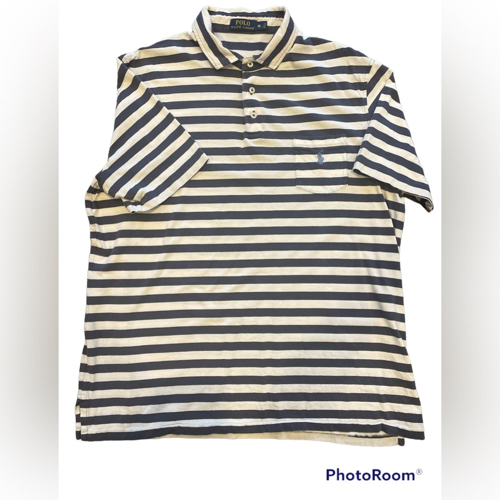 Polo Ralph Lauren Shirt Mens XL White Blue Striped Short Sleeve
